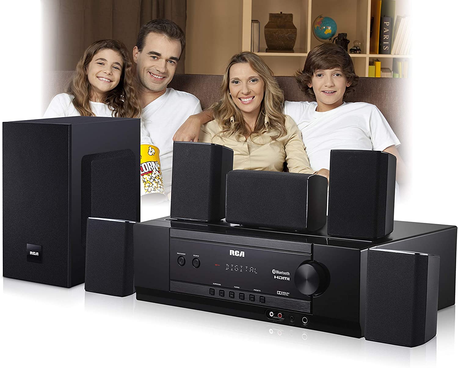RCA (RT2781HB U) 1000-Watt Audio Receiver Home Theater System - Digital 5.1 Surround Sound & AM/FM Tuner, (Bluetooth and USB Playback) RCA (RT2781HB U) 1000-Watt Audio Receiver Home Theater System - Digital 5.1 Surround Sound & AM/FM Tuner, (Bluetooth and USB Playback)
